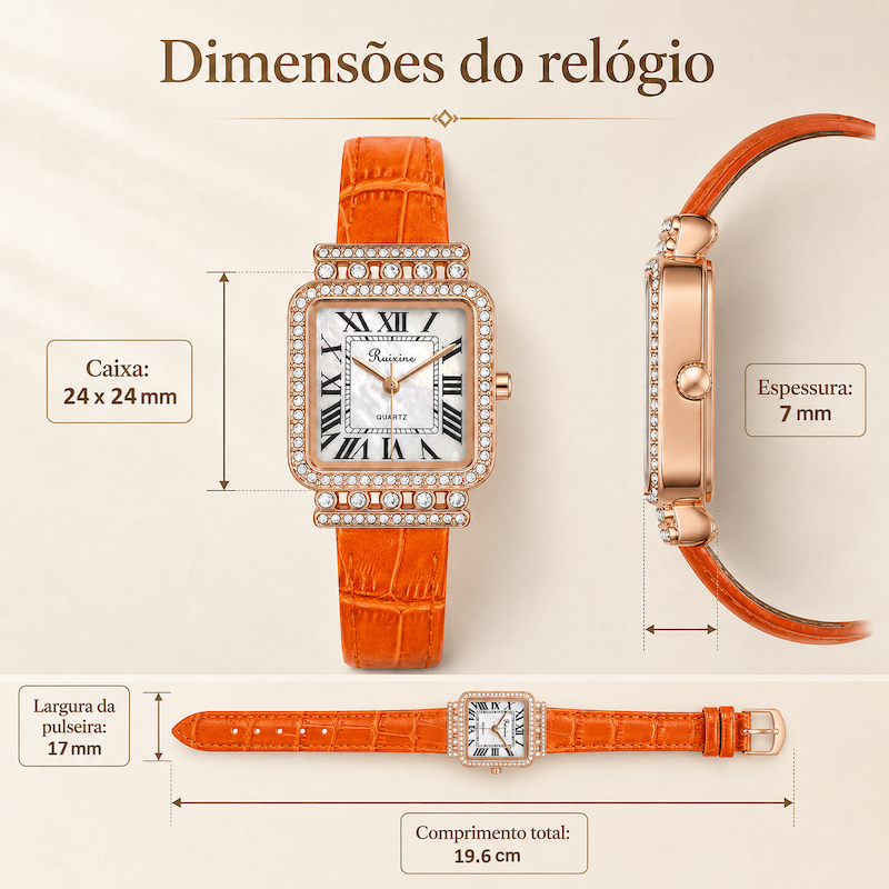 Relógio feminino laranja com visor quadrado e moldura cravejada, vista frontal