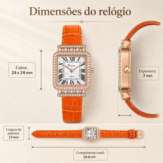Relógio feminino laranja com visor quadrado e moldura cravejada, vista frontal