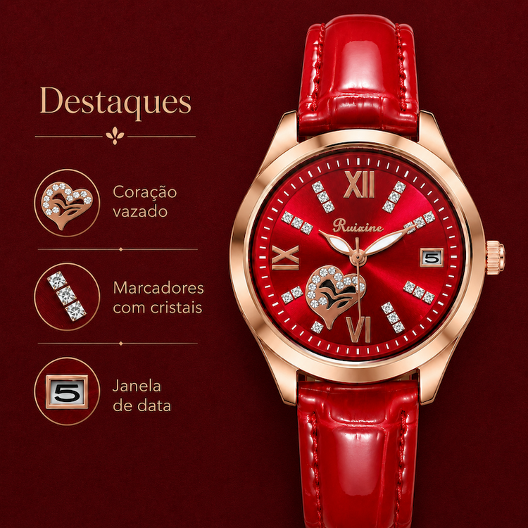 Relógio de pulso com mostrador vermelho e pulseira de couro vermelha