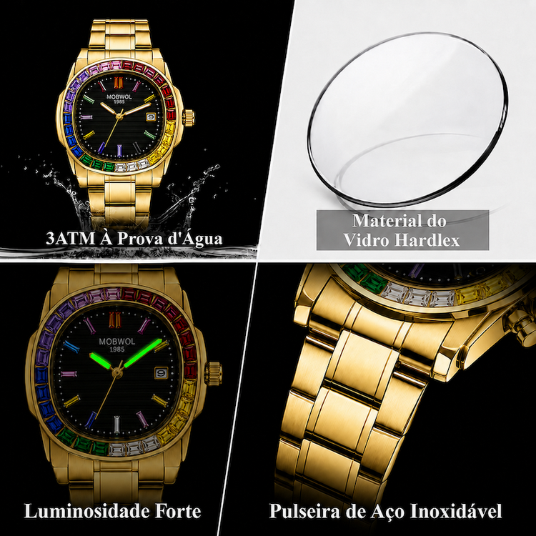 Relógio dourado com mostrador preto, aro cravejado multicolorido e pulseira de aço.