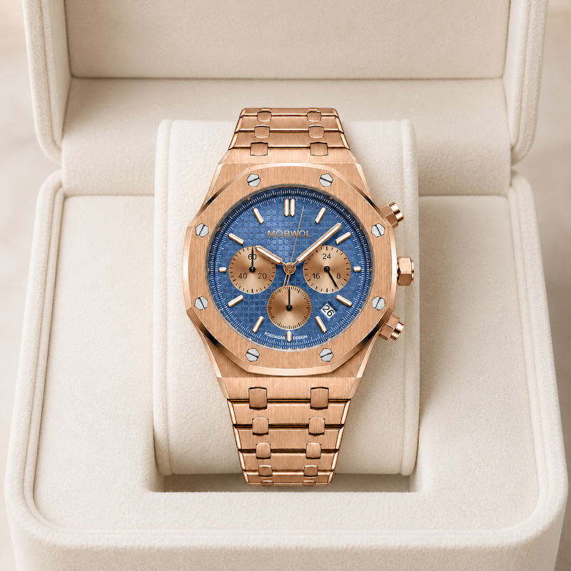 Relógio dourado rosé com mostrador azul e pulseira metálica, vista frontal