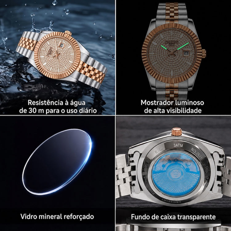 Relógio de pulso rosé e prata com mostrador cravejado e pulseira metálica