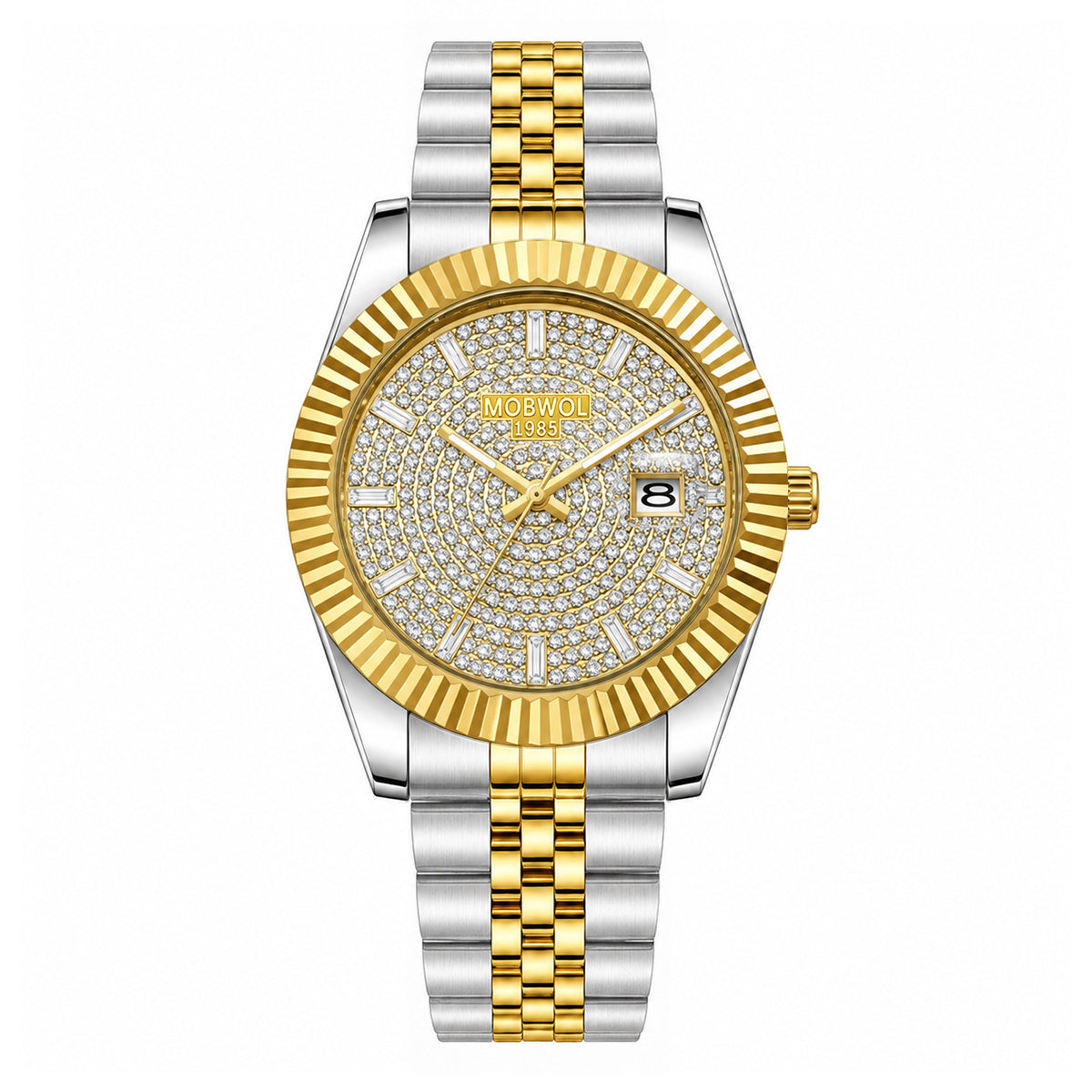 Relógio de pulso dourado e prata com mostrador cravejado e pulseira metálica
