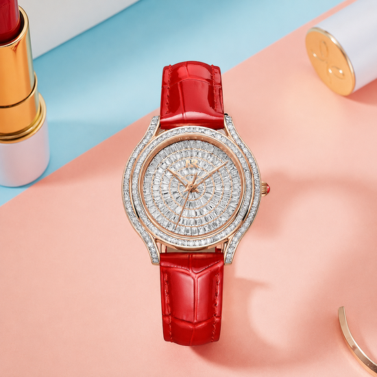 Relógio Estrela com pulseira vermelha, mostrador branco e aro cravejado em caixa rosé.