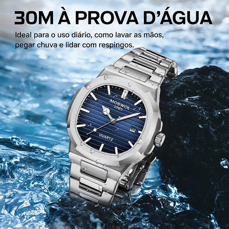 Relógio masculino prateado com mostrador azul e pulseira metálica de elos