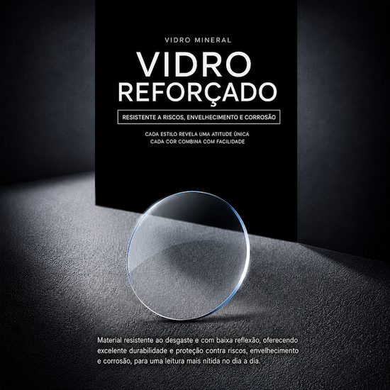 Embalagem com destaque 'VIDRO REFORÇADO' e ilustração de lente