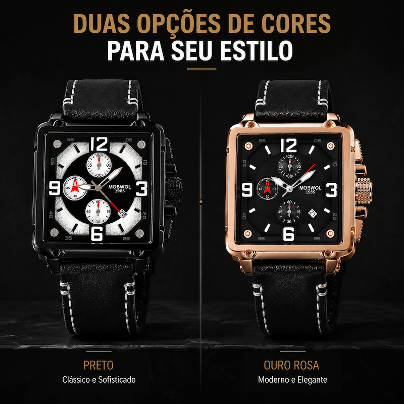 Relógio cronógrafo Cronos em duas cores: preto com mostrador branco e ouro rosa