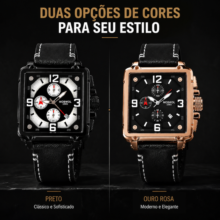 Relógio cronógrafo Cronos em duas cores: preto com mostrador branco e ouro rosa