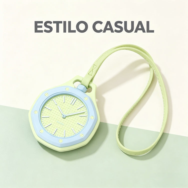 Relógio de bolso azul-claro com alça verde-clara e mostrador azul.