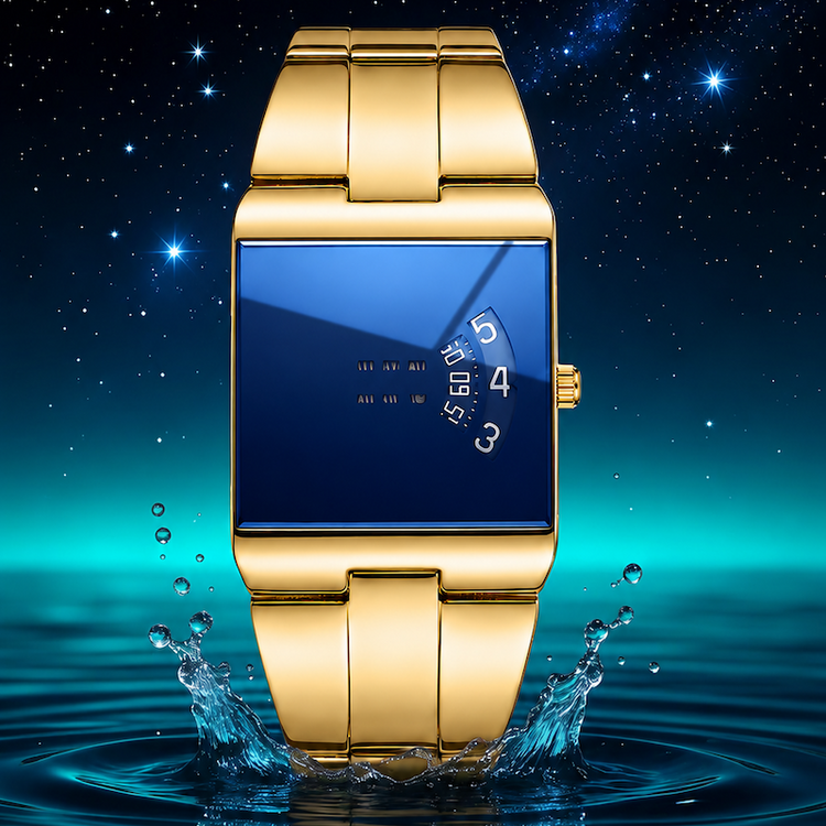 Relógio dourado com mostrador azul retangular e pulseira metálica