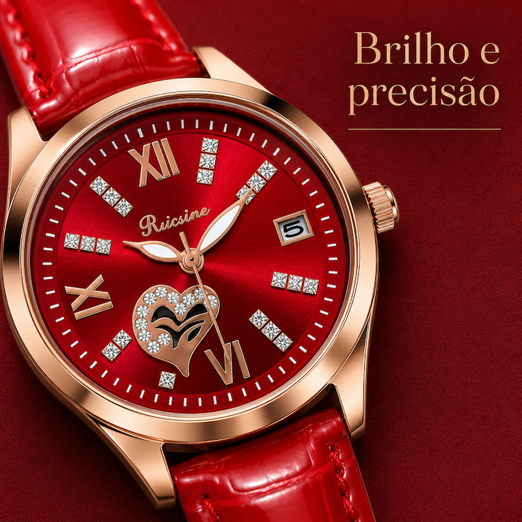 Relógio com mostrador vermelho, moldura dourada e pulseira de couro vermelha