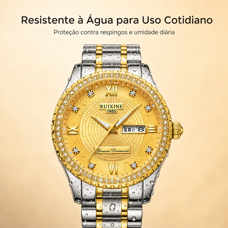 Relógio masculino bicolor com mostrador dourado, aro com cristais e respingos