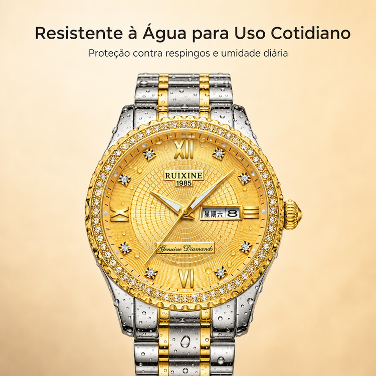 Relógio masculino bicolor com mostrador dourado, aro com cristais e respingos