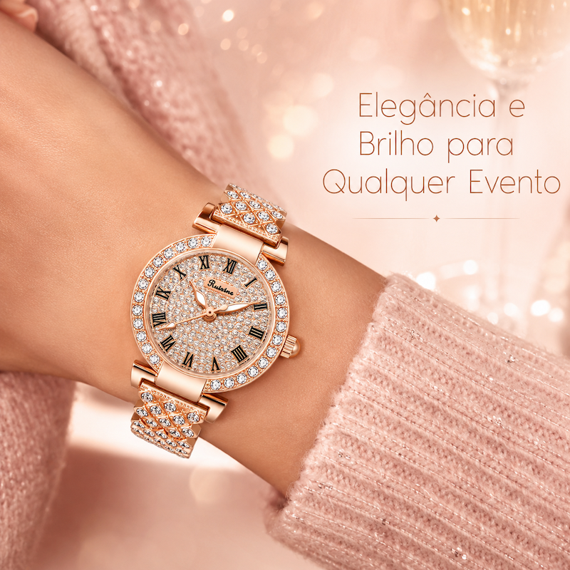 Relógio feminino rosé com mostrador e pulseira cravejados de cristais