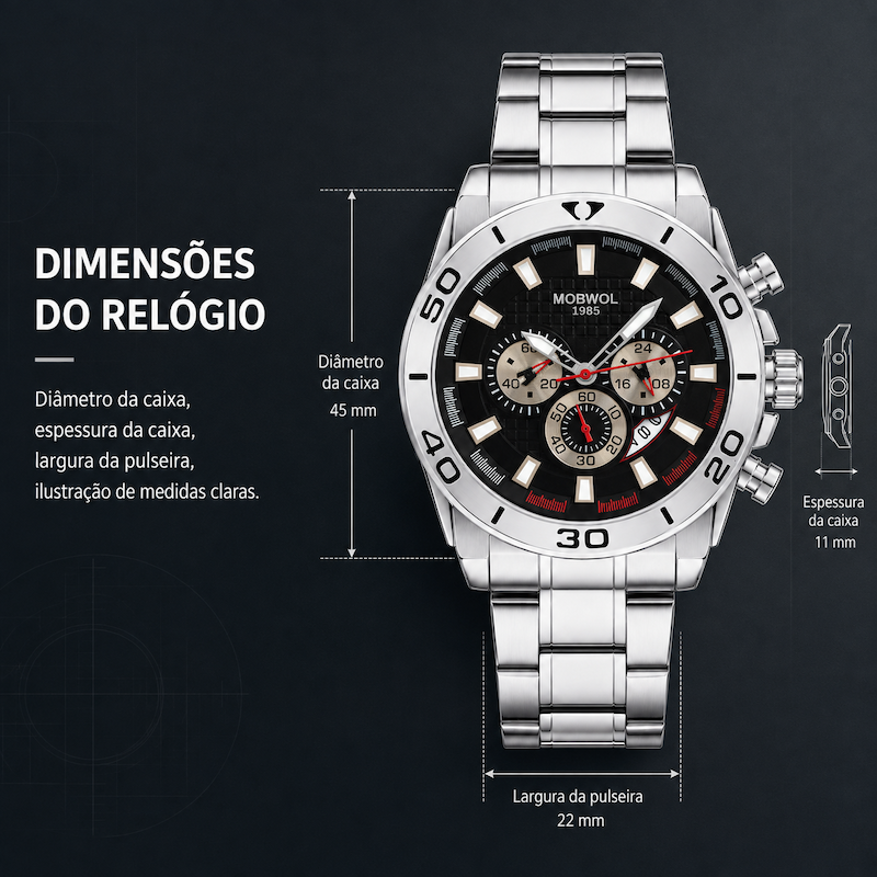Relógio cronógrafo masculino prateado, mostrador preto com três submostradores