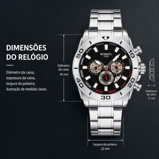 Relógio cronógrafo masculino prateado, mostrador preto com três submostradores