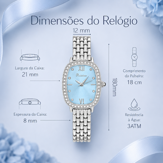 Relógio feminino prateado com mostrador azul claro e aro de strass na pulseira