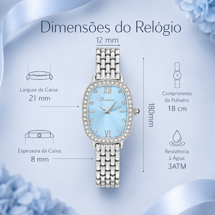 Relógio feminino prateado com mostrador azul claro e aro de strass na pulseira