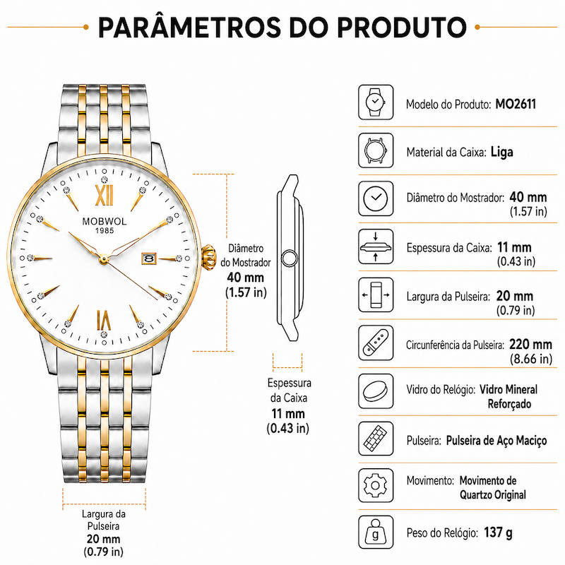 Diagrama do relógio com mostrador branco e pulseira metálica bicolor com medidas.