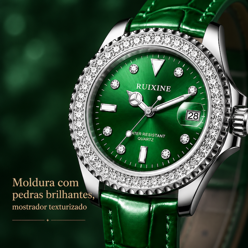 Relógio RUIXINE com mostrador verde e moldura com pedras brilhantes, pulseira verde