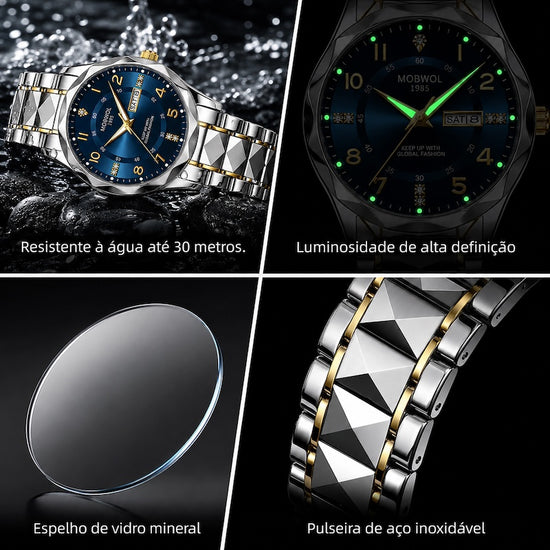 Relógio com mostrador azul, ponteiros dourados e pulseira metálica prateada e dourada