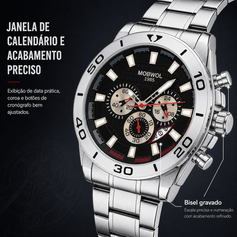 Relógio cronógrafo masculino prateado com janela de calendário e botões laterais