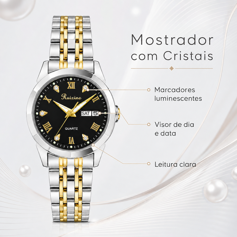 Relógio analógico mostrador preto, pulseira metálica bicolor prateada e dourada.