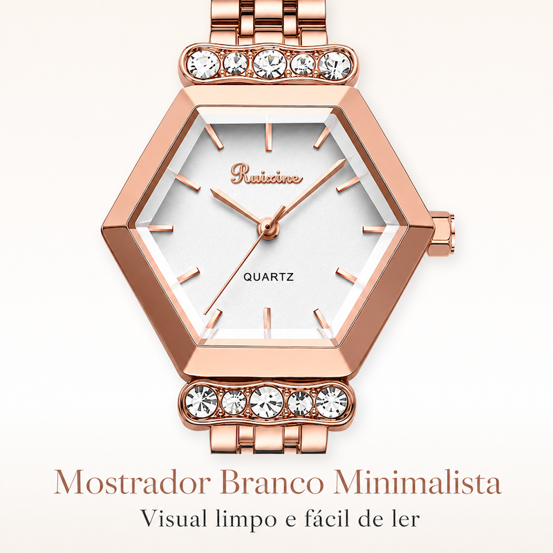 Relógio rosé com mostrador branco hexagonal, pulseira metálica e pedras decorativas