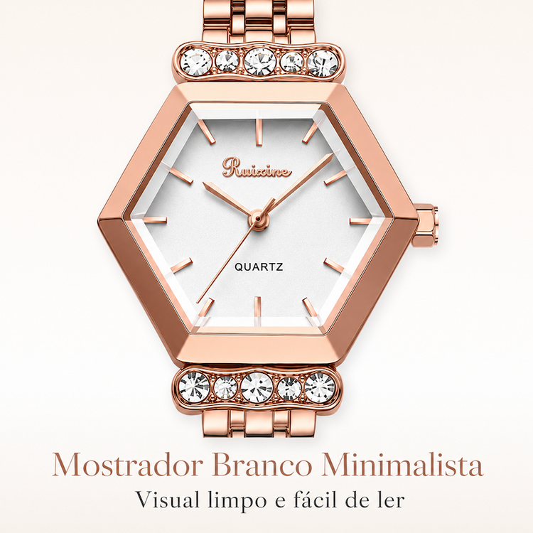 Relógio rosé com mostrador branco hexagonal, pulseira metálica e pedras decorativas