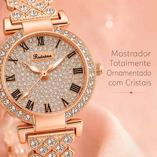 Relógio feminino rosé: mostrador circular com cristais e números romanos