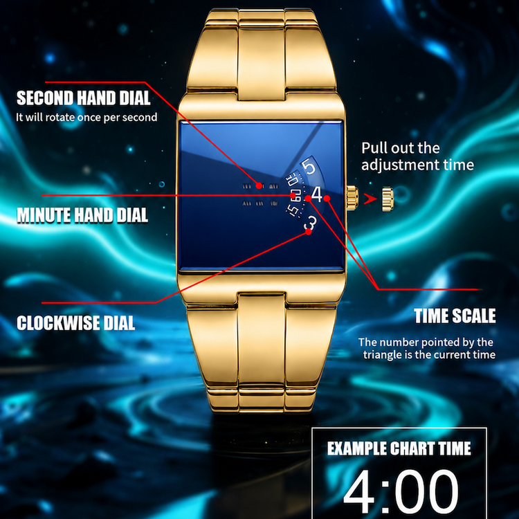 Relógio digital dourado com mostrador azul retangular e pulseira metálica