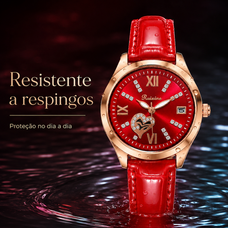 Relógio resistente com mostrador vermelho e pulseira de couro vermelha