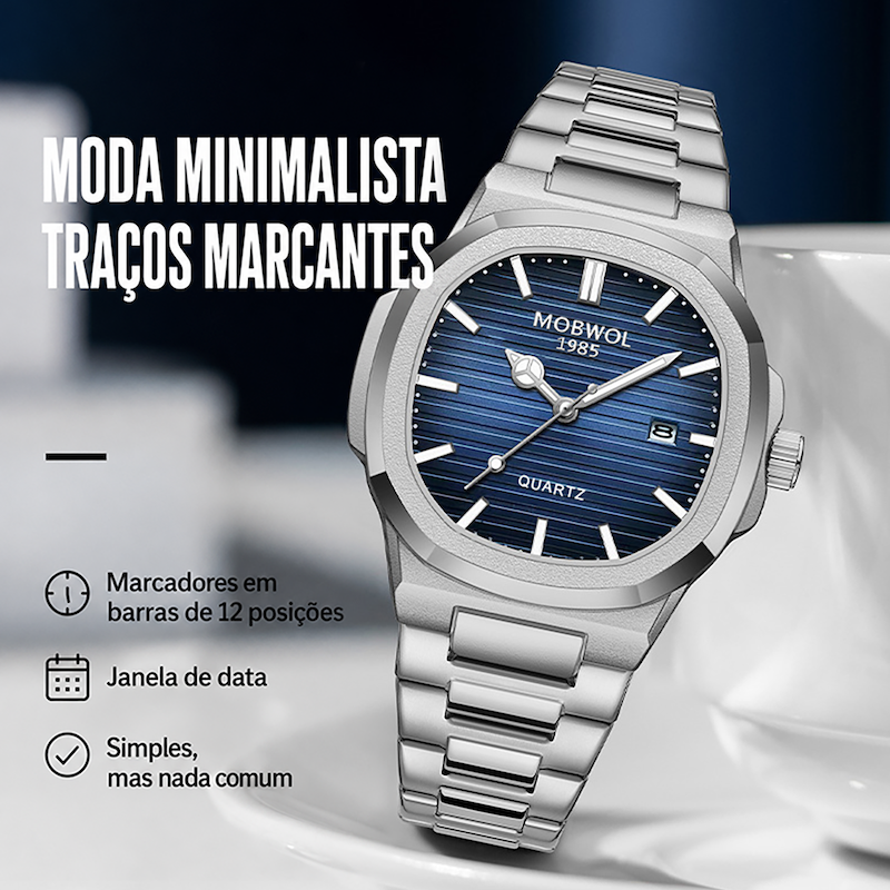 Relógio masculino prateado com mostrador azul texturizado e pulseira metálica de elos