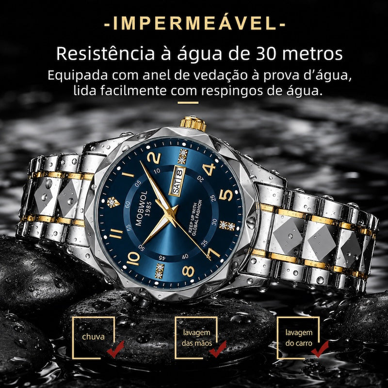 Relógio resistente à água com mostrador azul e pulseira metálica prateada e dourada