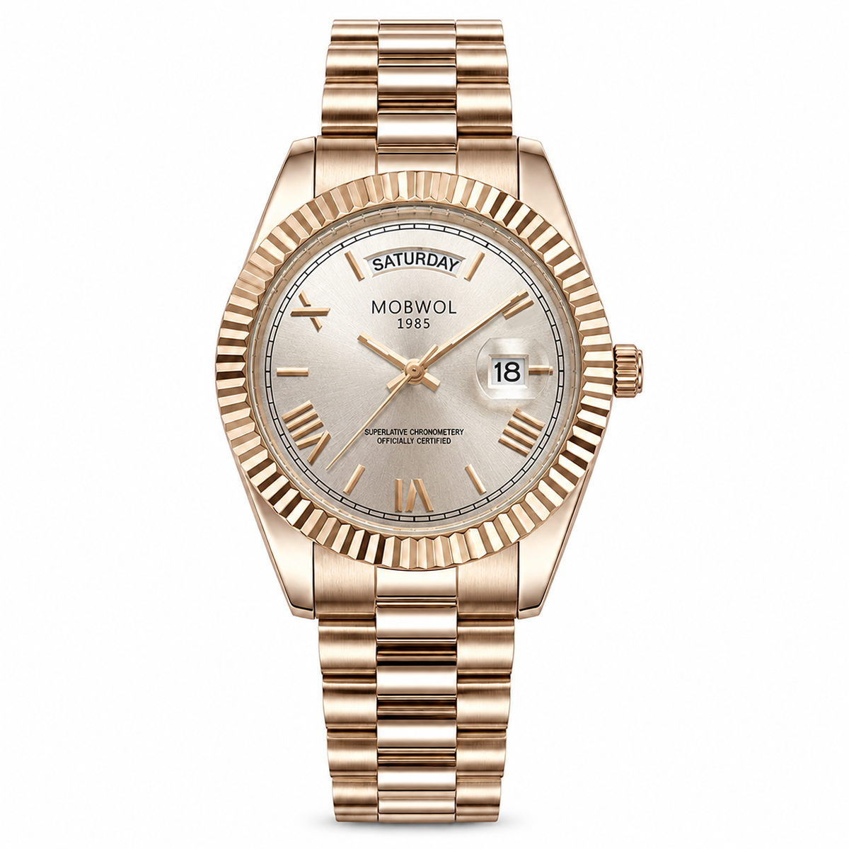 Relógio de pulso rosé com mostrador claro e pulseira metálica