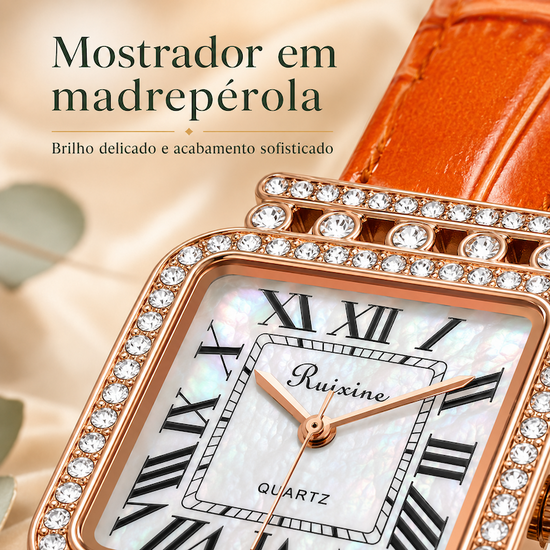 Mostrador do relógio feminino laranja com moldura dourada cravejada e números romanos