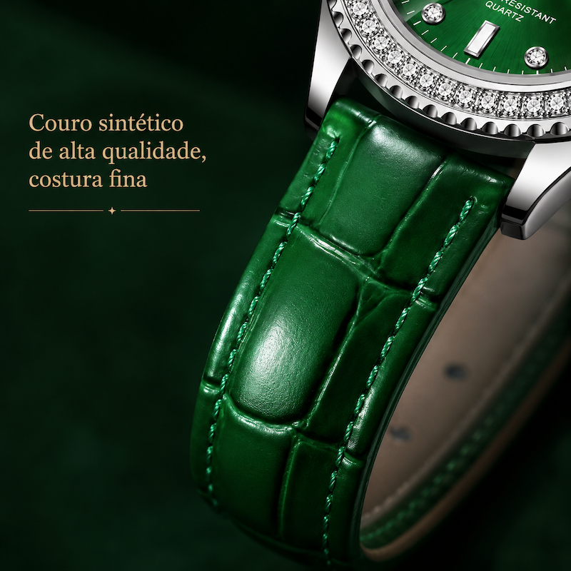 Pulseira de couro verde do relógio RUIXINE com costura aparente e fivela metálica