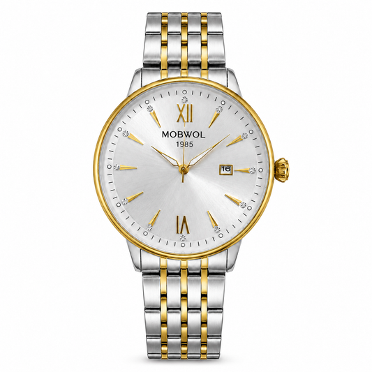 Relógio analógico MOWBOW com pulseira bicolor e mostrador branco, caixa dourada.