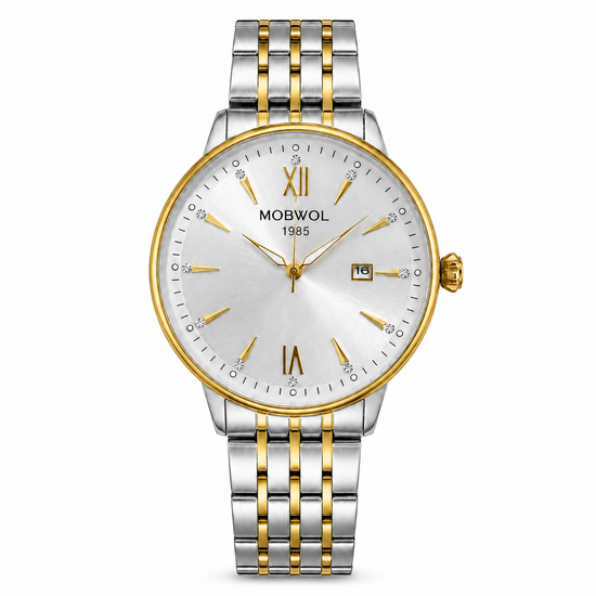 Relógio analógico MOWBOW com pulseira bicolor e mostrador branco, caixa dourada.