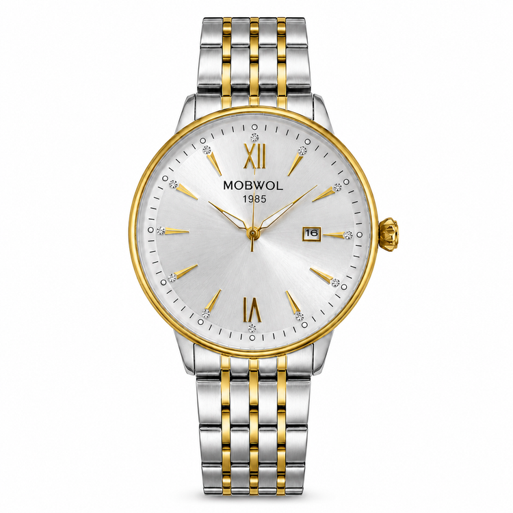 Relógio analógico MOWBOW com pulseira bicolor e mostrador branco, caixa dourada.