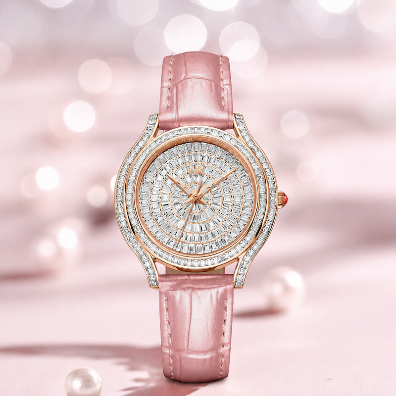 Relógio Estrela com pulseira rosa, mostrador branco e aro cravejado em caixa rosé.