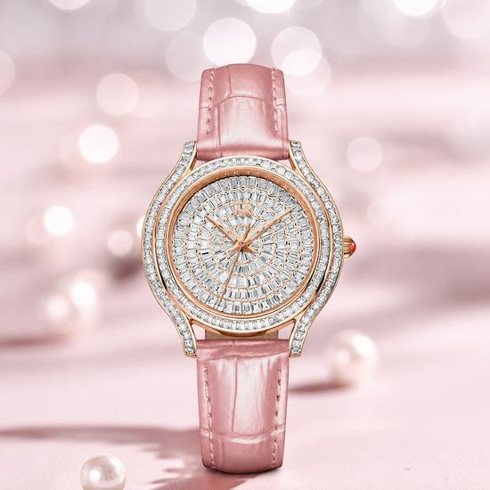 Relógio Estrela com pulseira rosa, mostrador branco e aro cravejado em caixa rosé.