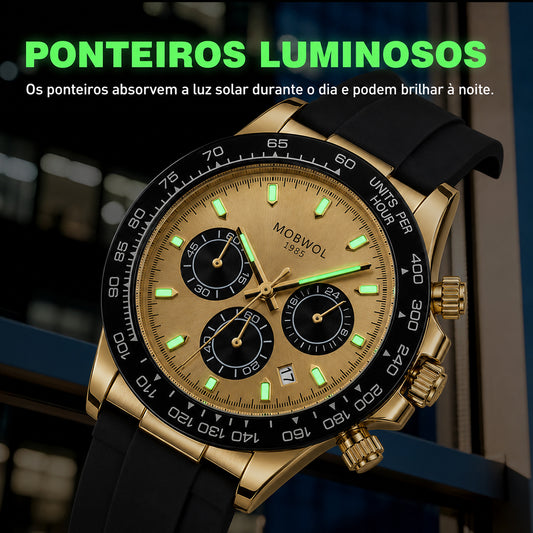 Relógio Movara® com ponteiros luminosos e pulseira de silicone preta, caixa dourada
