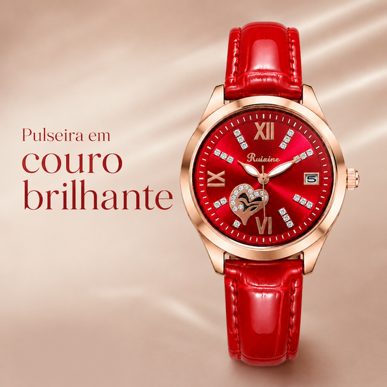 Relógio com mostrador vermelho e pulseira de couro vermelha, vista frontal