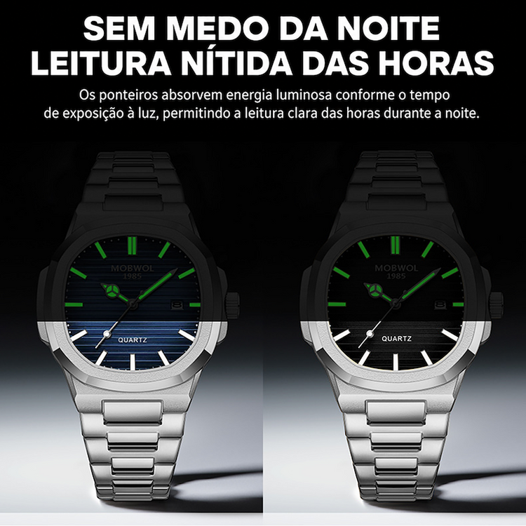 Relógios prateados com mostrador escuro e ponteiros verdes luminosos, pulseira metálica