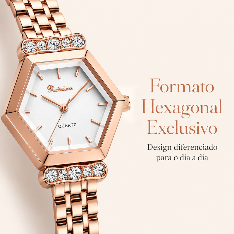 Relógio rosé em formato hexagonal, mostrador branco e pulseira metálica com brilho