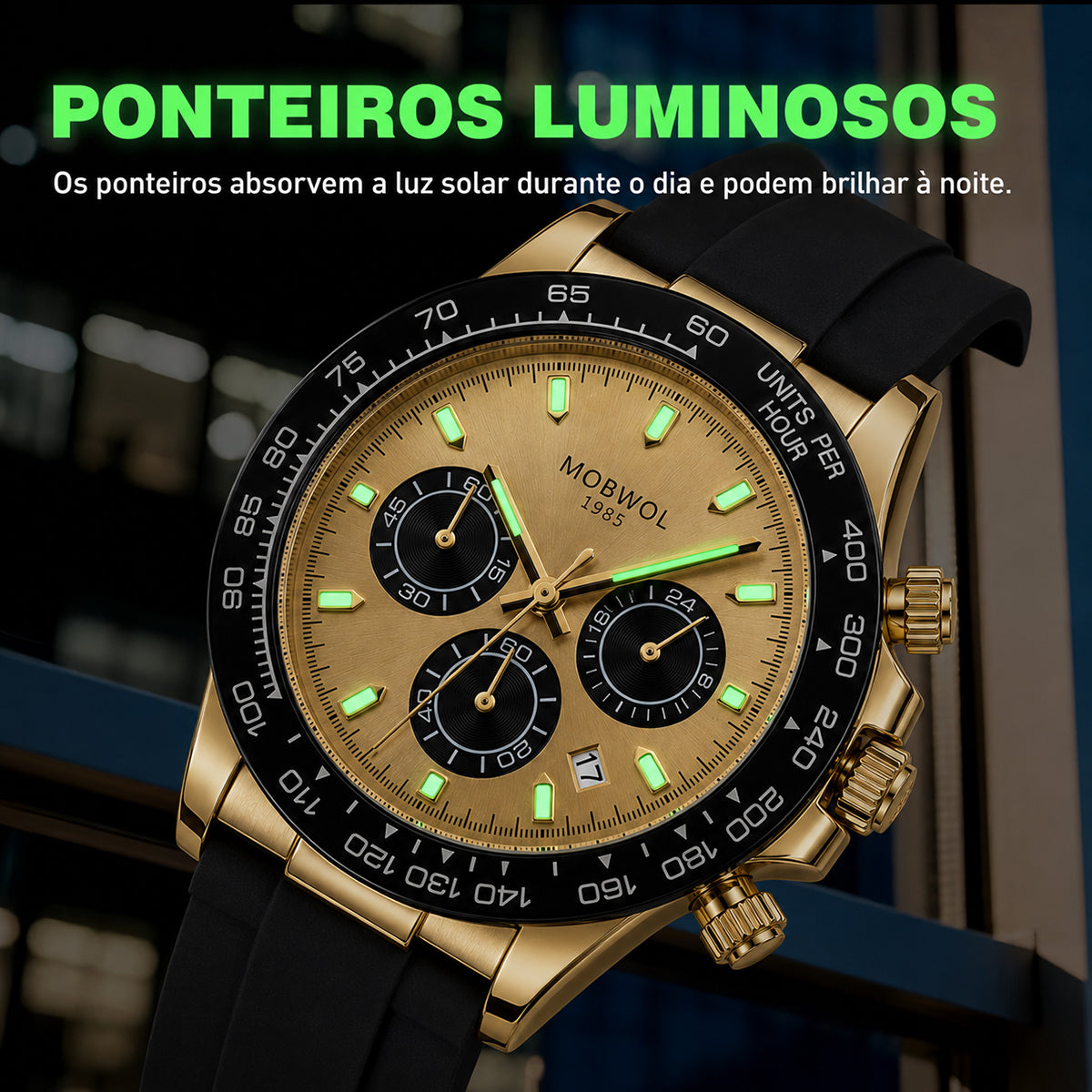 Relógio cronógrafo com ponteiros luminosos verdes, mostrador bege e pulseira preta