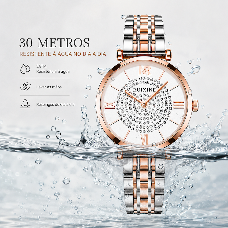 Relógio Estrela com mostrador branco e pulseira de aço bicolor, com gotas d’água