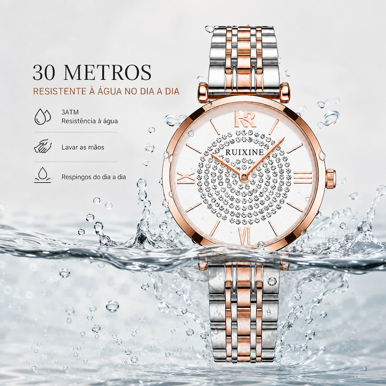 Relógio Estrela com mostrador branco e pulseira de aço bicolor, com gotas d’água