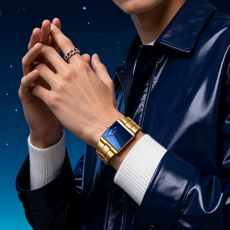 Relógio dourado com mostrador azul no pulso, pulseira de elos metálicos